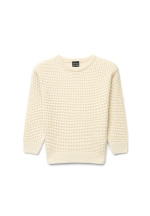 Maglione lavorato a maglia color crema con motivo a nido d'ape, maniche lunghe e scollatura e polsini a coste.