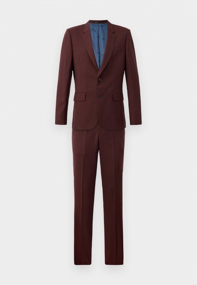 Burgundy two-piece suit featuring a notched lapel, two-button jacket, and flat-front trousers with a smooth texture and blue interior lining.