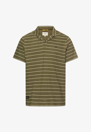 Olijfgroene korte mouw polo met witte horizontale strepen en een klein geborduurd logo op de borst.