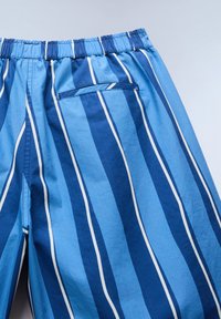 Μπλε σορτς με ελαστική μέση που έχει κάθετες ρίγες σε σκούρο μπλε, ανοιχτό μπλε και λευκό, και μια μονή πίσω τσέπη με φάσα.