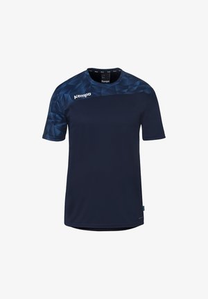 T-shirt de sport bleu marine avec motif géométrique sur les épaules et les manches, manches courtes, et logo "Kempa" blanc sur la poitrine.