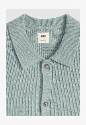 Jasnoniebieska dzianinowa koszulka polo z kołnierzykiem, pięcioma guzikami oraz metką wskazującą rozmiar medium i luźny fason. Tkanina o fakturze prążkowanej.