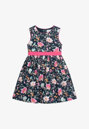 Floral dress with a navy background, featuring pink and turquoise blossoms, a pink waistband, and a flared skirt design.