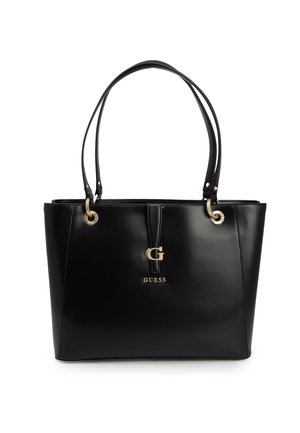 Bolso de mano negro fabricado con material sintético suave, que cuenta con dos asas para el hombro, herrajes en tono dorado y un acento de logo en la parte frontal.