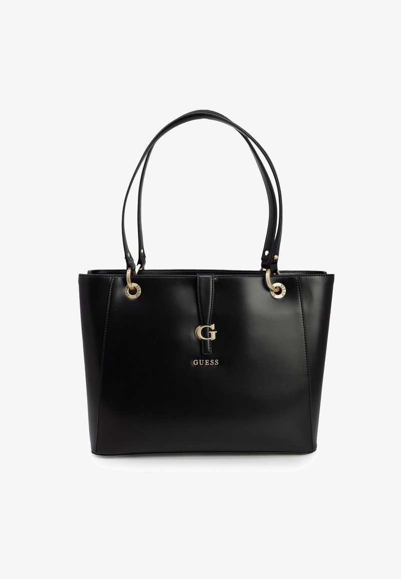 Borsa nera realizzata in materiale sintetico liscio, con doppio manico a spalla, hardware color oro e un logo sul davanti.