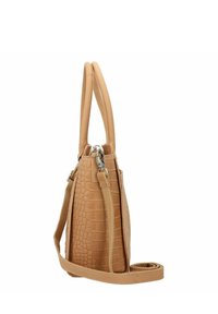 Torebkę w kolorze tan z tłoczeniem w kształcie krokodyla, z podwójnymi uchwytami, odpinanym paskiem na ramię oraz usztywnioną konstrukcją z teksturowanymi bokami.