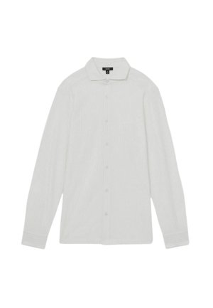 Light gray long-sleeve shirt with a button-down collar, featuring a textured weave, six buttons on the front, and fitted cuffs.