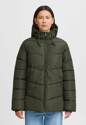 Khaki-Pufferjacke mit Reißverschluss vorne, Kordelzugkapuze und seitlichen Taschen. Sie verfügt über ein horizontal gestepptes Muster und einen leicht lockeren Schnitt.