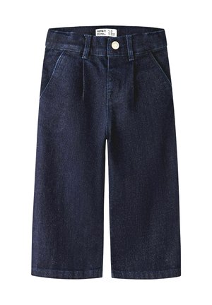 Pantalon en denim bleu foncé à jambes larges pour enfants avec passants de ceinture, poches avant et fermeture par bouton à la taille.