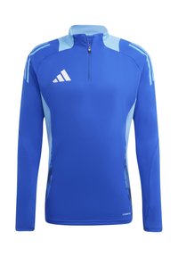 Blauw sportshirt met lange mouwen en een kwart rits, voorzien van lichtere blauwe accenten en drie witte strepen op de schouders en het logo.