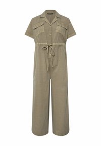 Kaki jumpsuit med korta ärmar, knäppning fram, två bröstfickor, knytmidja och vida ben, tillverkad av lättviktsmaterial.