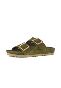 Sandali slide in suede verde con due fibbie dorate, superficie testurizzata e suola in gomma beige a contrasto con un motivo a zigzag.
