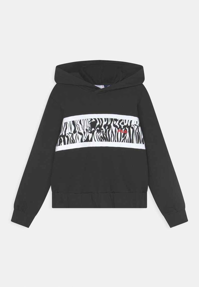 Sweat à capuche noir avec une large bande blanche ornée d'un motif zébré et d'un logo rouge. Tissu doux et poignets côtelés.