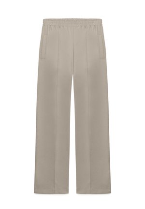 Bézs egyenes szárú nadrág rugalmas derékpánttal és oldalzsebekkel, elülső hajtásokkal és lazább szabással.