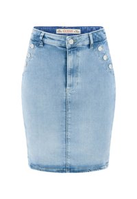 Helleblaue Jeansrock mit taillierter Passform, ausgestattet mit einem Reißverschluss vorne, fünf Knopf-Details auf der linken Seite und einem geraden Saum.