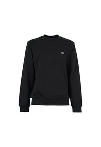 Black cotton sweatshirt with long sleeves, crew neck, and ribbed cuffs. Features a small green logo on the left chest. Simple, solid design.