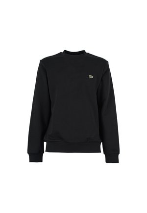 Črn bombažni sweatshirt z dolgimi rokavi, krožnim izrezom in rebrastimi manšetami. Ima majhen zeleni logotip na levem prsnem delu. Preprost, enobarven dizajn.