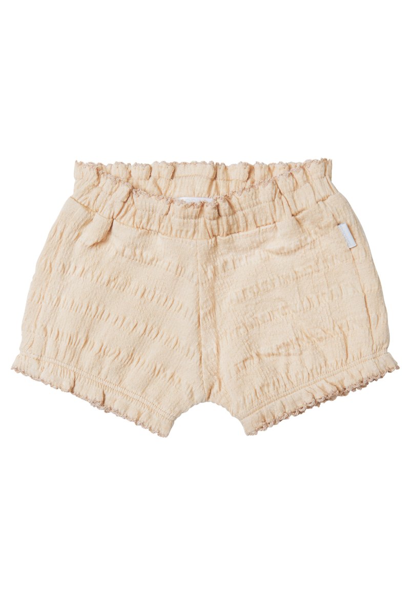 Lichtbeige shorts gemaakt van een gestructureerde stof met een gerimpelde tailleband en zoom. Bevat subtiele stiksels en geen zichtbare zakken.