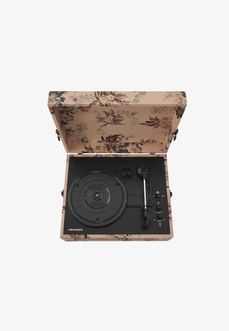 Turntable in a floral-patterned pink case. Features a black platter, tonearm, control knobs for volume and power, and a compact design.