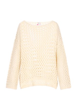 Gehäkelter Pullover in Elfenbein mit lockerer Passform, gekennzeichnet durch einen weiten Halsausschnitt und lange Ärmel. Offenes Strickmuster überall.