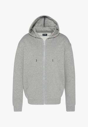 Lys grå zip-up hoodie med foret hætte, snoretræk, frontlommer og rib-syninger. Lavet af blødt bomuldsblandingsmateriale.