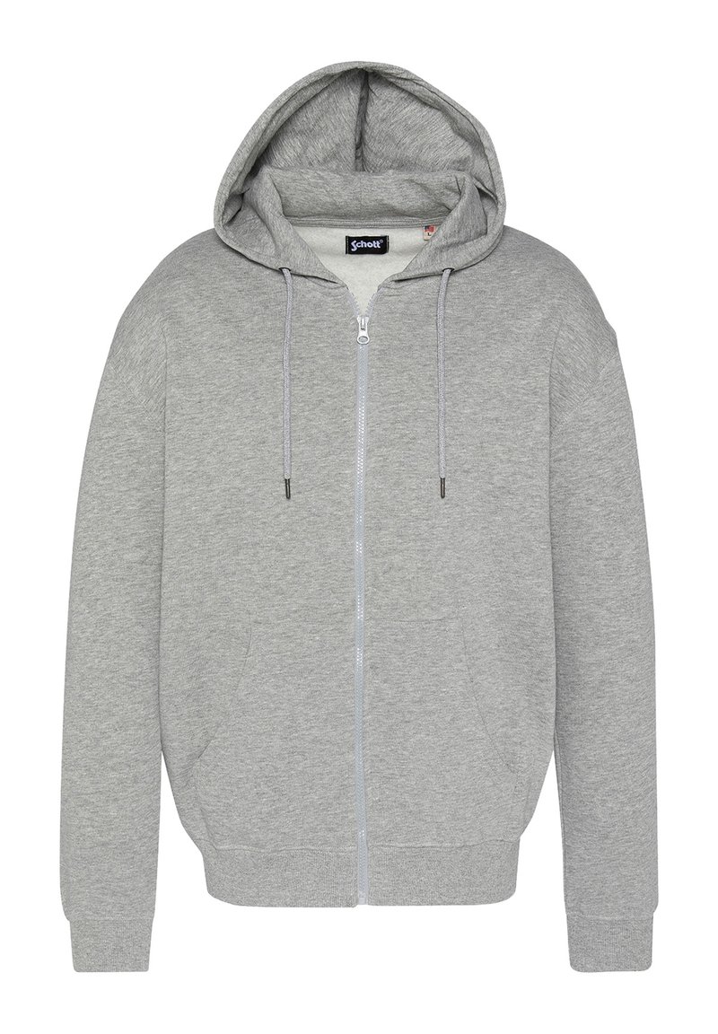 Hellgraue Zip-Hoodie mit gefütterter Kapuze, Kordeln, Vordertaschen und gerippten Bündchen. Hergestellt aus einem weichen Baumwoll-Mix.