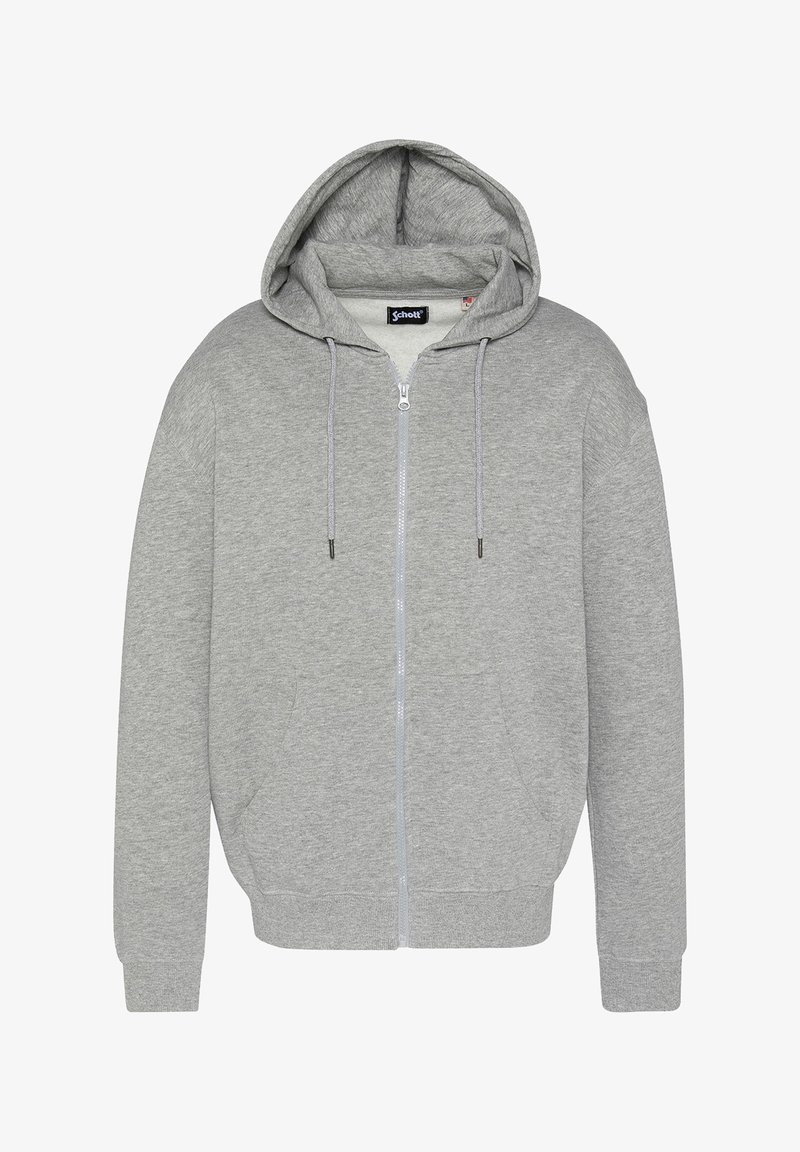 Hellgraue Zip-Hoodie mit gefütterter Kapuze, Kordeln, Vordertaschen und gerippten Bündchen. Hergestellt aus einem weichen Baumwoll-Mix.