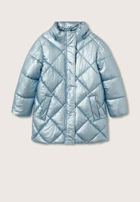 Světle modrá prošívaná bundy s vysokým límcem, s lesklou texturou, diamantovým vzorem a dvěma bočními kapsami.