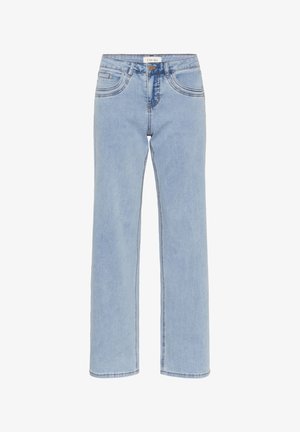 Gai zilu džinsi ar augstu jostas vietu, taisnu kāju dizainu un smalkām šuvēm. Iespējo standarta piecu kabatu izkārtojums un pogas aizvēršana.