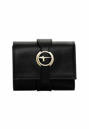 Black leather wallet with a rounded gold-tone hardware clasp, featuring a folded design and visible stitching details. Smooth texture.