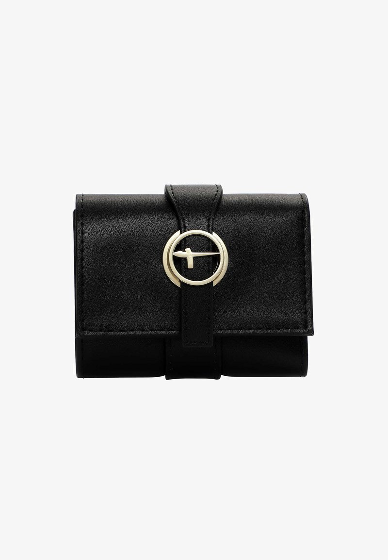 Schwarzes Lederportemonnaie mit einem gerundeten Verschluss aus goldfarbenem Metall, das ein gefaltetes Design und sichtbare Nähte aufweist. Glatte Textur.