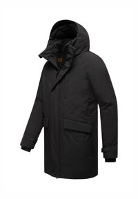 Parka d'hiver isolé noir avec capuche, fermeture éclair frontale, boutons-pression aux poignets et poches à rabat.