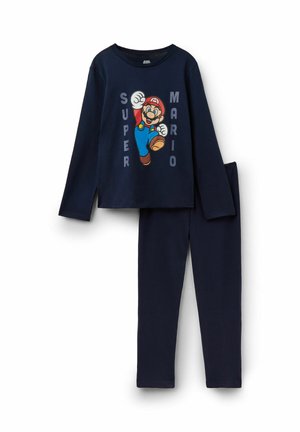 Navy blue long-sleeve top and pants set featuring jumping Super Mario graphic and text on the front of the top.