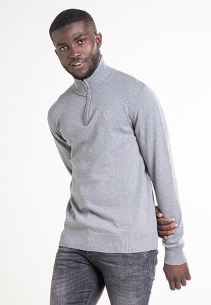 Maglione grigio con collo alto, orlo e polsini a coste. Presenta un piccolo logo sul petto, realizzato in tessuto morbido a maglia.