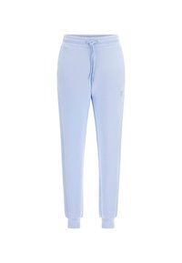 Light blue sweatpants made of soft cotton blend, featuring an elastic waistband with drawstring, tapered legs, and ribbed cuffs.