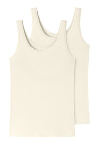 Due magliette senza maniche color beige chiaro in cotone. Presentano un collo rotondo e spalline larghe con una texture liscia.