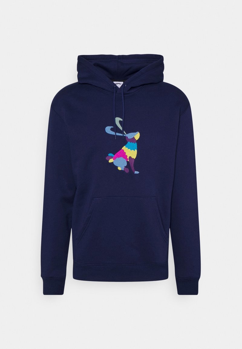 Navyblå hoodie med kängurufickor; har en färgglad kanin grafisk design i rosa, blått, gult och grönt på framsidan.
