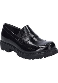 Czarne lakierowane loafersy z niską blokową podeszwą i teksturowanym akcentem, z wyrazistą elastyczną taśmą na wierzchu.