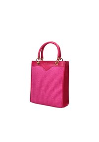 Borsa rosa con texture intrecciata, forma strutturata, dettagli in pelle, manici superiori e dettagli in metallo dorato.