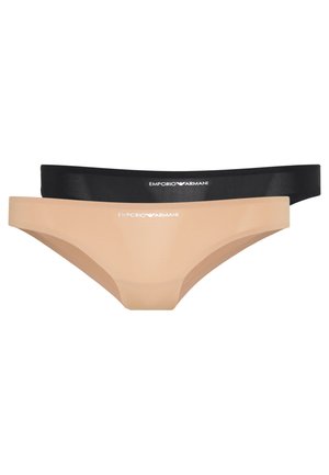 Two pairs of women’s briefs: one in nude and one in black, with smooth fabric, a low-rise waistband, and an Emporio Armani logo detail.