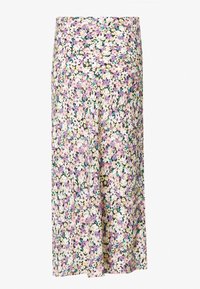 Jupe midi fleurie présentant un imprimé multicolore avec des fleurs violettes, blanches et jaunes sur un fond noir. Confectionnée en tissu léger, design fluide.