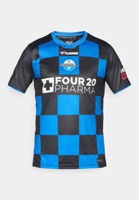 Black and blue checkered short-sleeve jersey with a crew neck. Features logos for SC Paderborn and “FOUR 20 PHARMA” on the front.