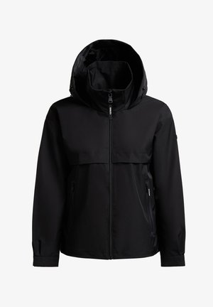 Černá bunda s kapucí, předním zipem a zipovými bočními kapsami, navržená pro nošení venku.