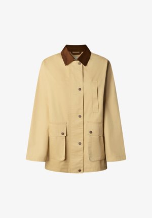 Béžová bunda s tmavohnedým golierom, patentkami po celej prednej časti a tromi vreckami—dvoma s klapkami a jedným vertikálnym na hrudi.