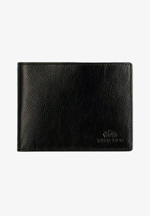 Black leather wallet featuring a textured finish, bi-fold design, and embossed logo. Compact size, no visible closures or hardware.