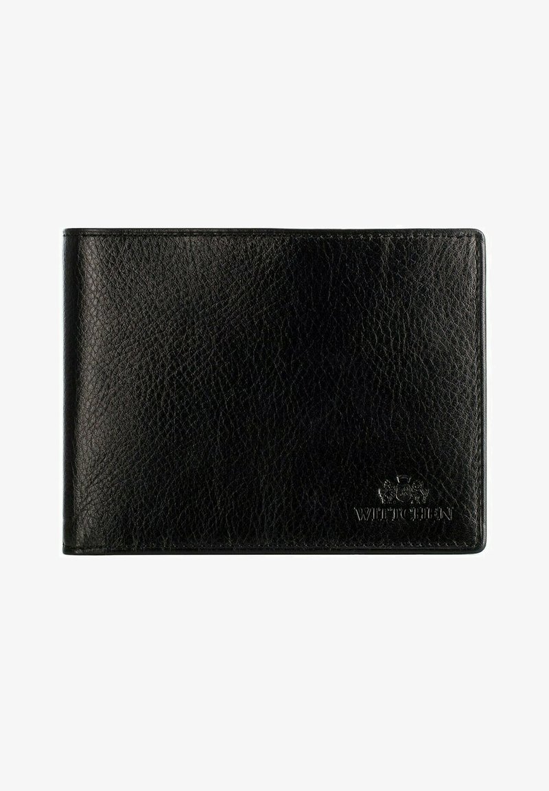 Schwarze Lederbörse mit strukturiertem Finish, mit zwei Faltungen und geprägtem Logo. Kompakte Größe, keine sichtbaren Verschlüsse oder Beschläge.