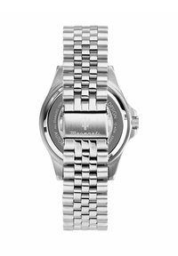 Orologio in acciaio inossidabile argentato con design a bracciale a maglie, caratterizzato da una cassa rotonda e logo visibile sul retro.