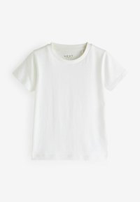 Weißes kurzärmliges T-Shirt aus Baumwolle mit einem runden Ausschnitt, der eine gerippte Textur aufweist, und einem einfachen, schnörkellosen Design.