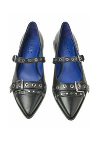 Black leather shoes with pointed toes, two ankle straps with silver hardware, and a blue inner lining. Features studded detailing.