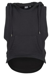 Zwarte mouwloze hoodie van een katoenen mengsel, voorzien van een voorvak en een verstelbare trekkoordkap. Zachte textuur, ontspannen pasvorm.